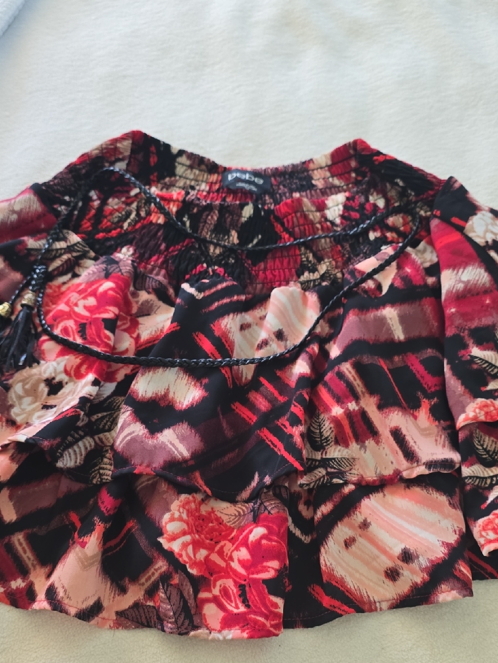 bebe Pink and Black Floral Ruffle Blouse